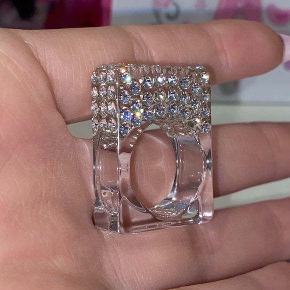 Clear Acrylic Ring With Crystals, Unique Square Shaped Cube Ring For Women - Picture 4 of 13